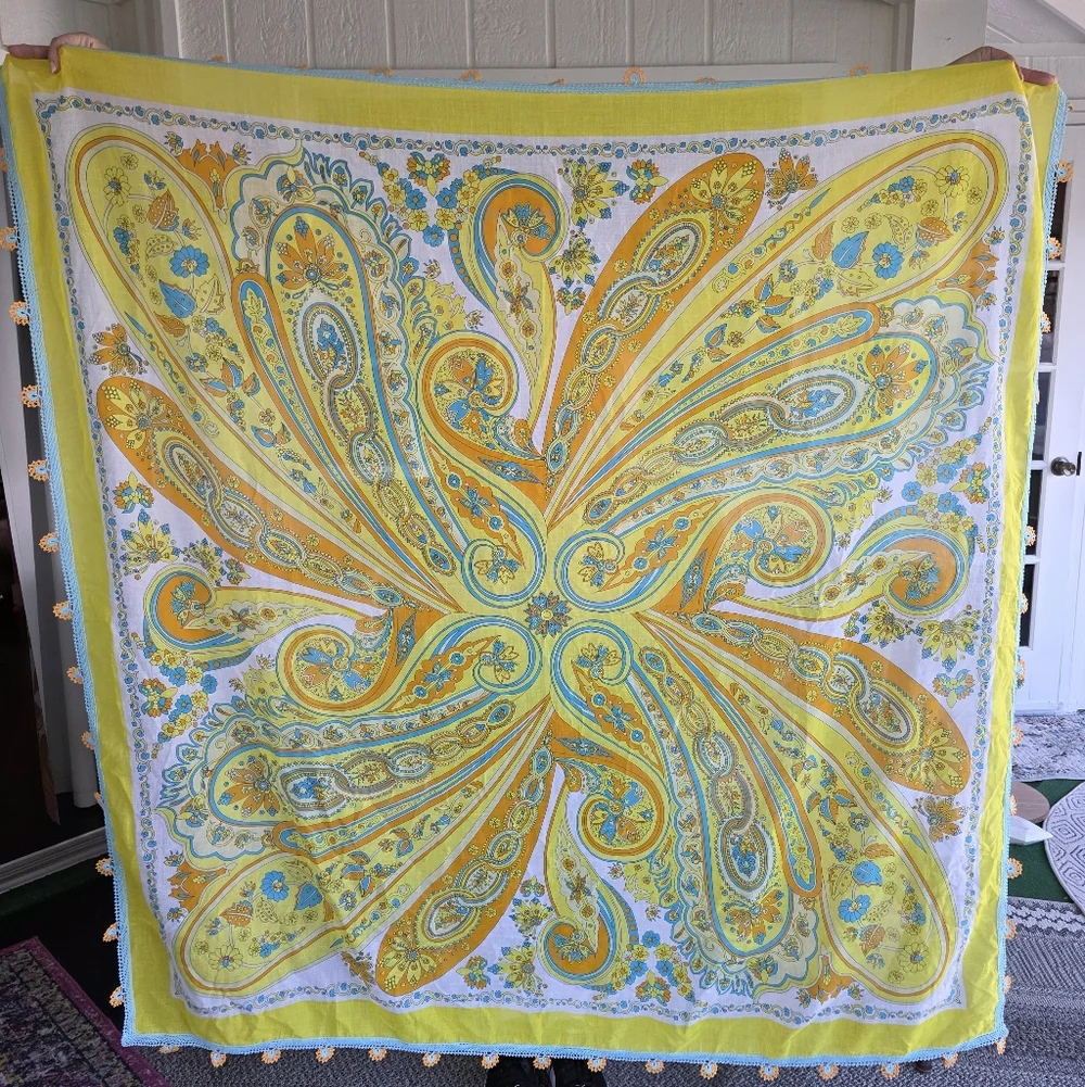 Vintage Huge Scarf Wrap Crochet Trim Resortwear Yellow Paisley Scarf